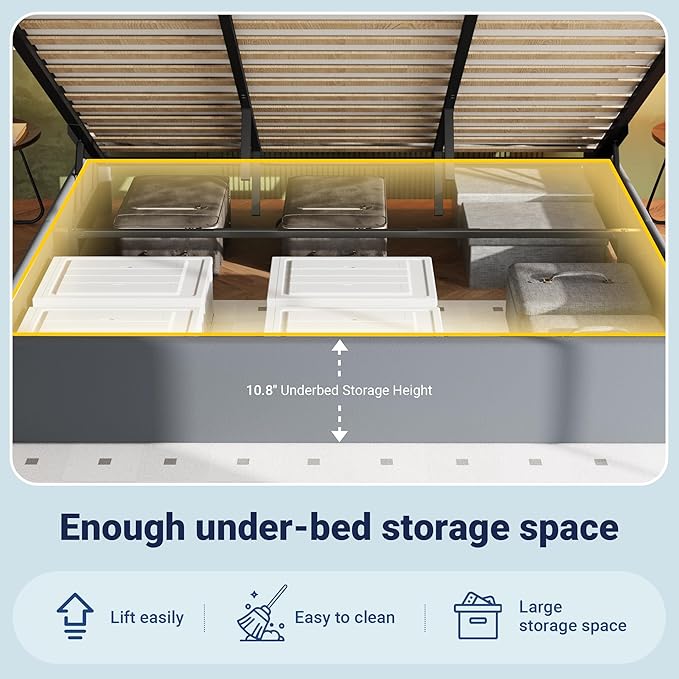 Allewie King Size Lift Up Storage Bed Frame with Charging Station & LED Lights, Adjustable Velvet Upholstered Storage Headboard, Type-C & USB Ports, Hydraulic Support, No Box Spring Needed, Grey