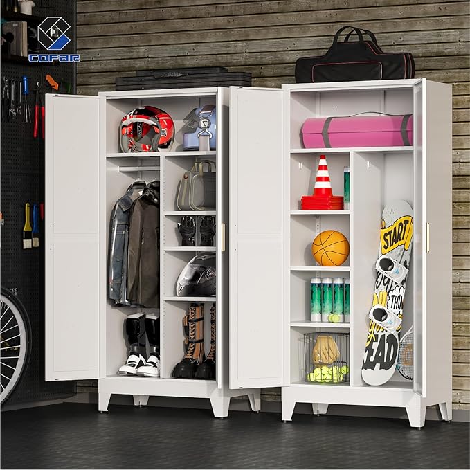COFaR Metal Wardrobe Closet with Doors, 71'' Tall Steel Bedroom Armoire with Adjustable Hanging Rod and Shelves, Broom Closet Storage Cabinet for Garage Laundry Office, Farmhouse White