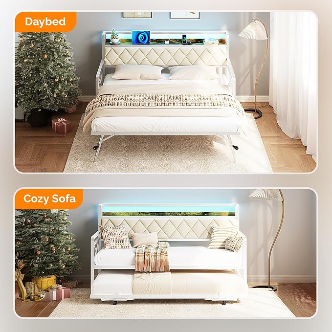 VINGLI Twin Daybed with Trundle Bed, Sofa DayBed with LED Light & Charing Station, Upholstered Bed Frame with Storage Headboard and Heavy Duty Metal Slats, for Living Room, Bedroom, Guest Room, White