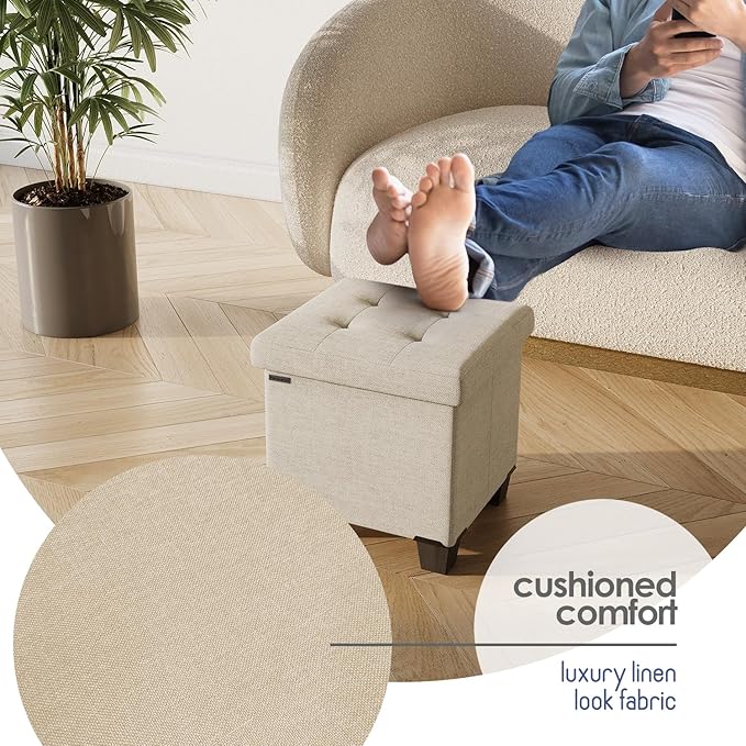Storage Ottoman Cube with Small Bin, 15-in Square Ottoman with Storage for Living Room and Bedroom, Small Ottomans Foot Rest, Fabric Foot Stools Ottomans Max 330lbs, Beige