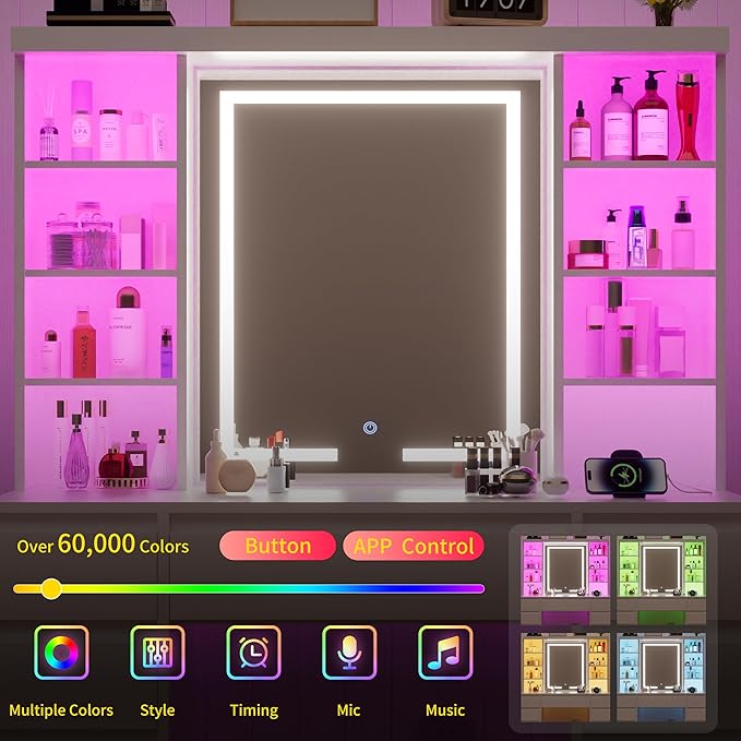 COWMOU Tall Vanity Desk with LED Mirror and RGB Lights Shelves, White Makeup Vanity with Power Outlet, Vanity Table with 5 Sliding Drawers & 2 Cabinets for for Bedroom and Dressing Room