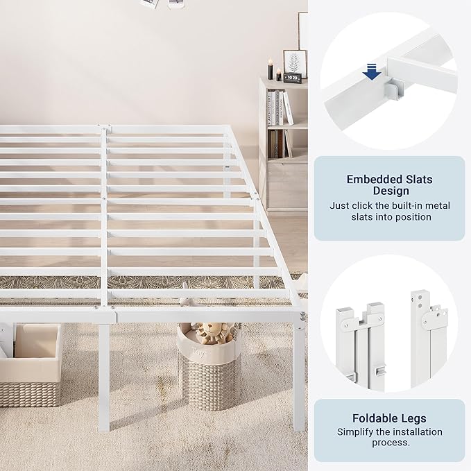 Allewie Queen Bed Frame, 18 Inch Metal Platform Beds with Storage Space, No Box Spring Needed and Easy Assembly, White