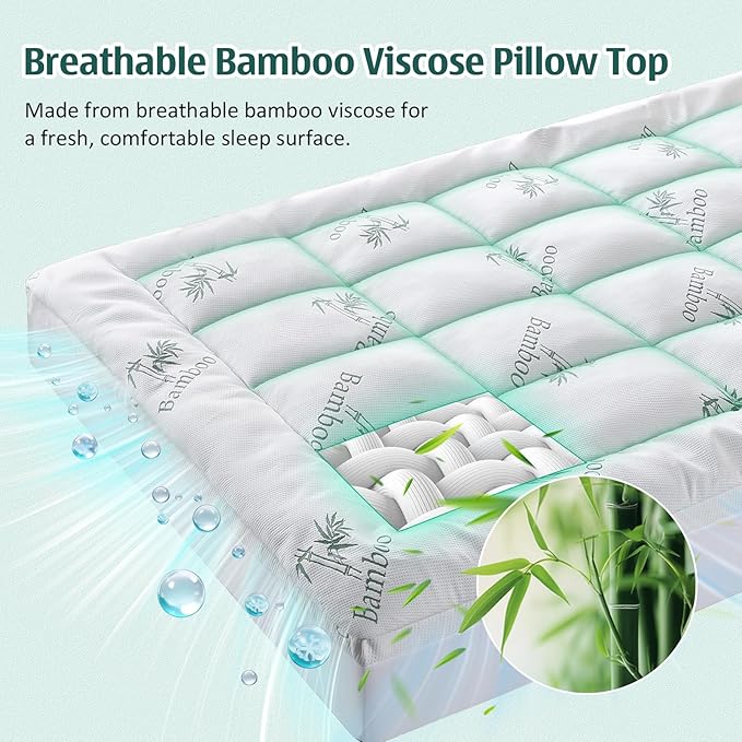 DOWNCOOL Memory Foam Mattress Topper Full, Cooling Pillow Top Mattress Pad with Viscose Derived from Bamboo, Back Pain Relief, Deep Pocket Fits 8–21 Inch