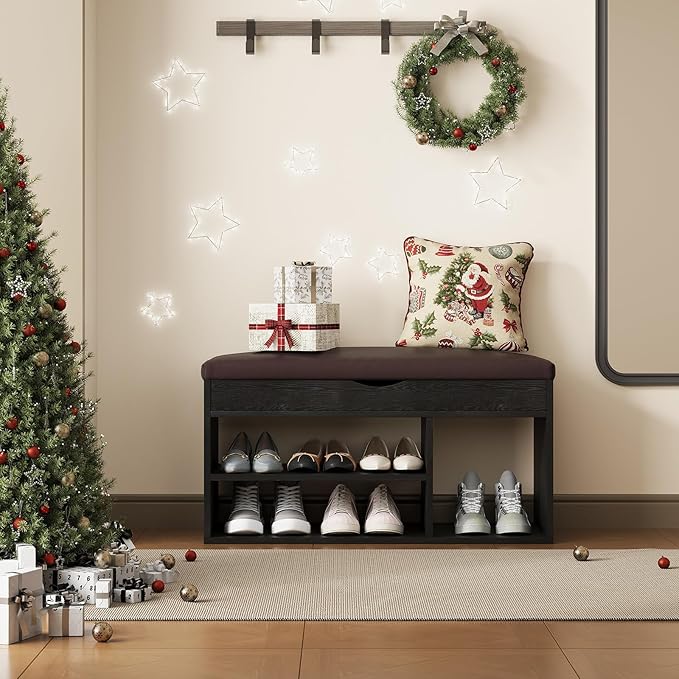 Apicizon Entryway Bench with Shoe Storage, Black, 2-Tier Shoe Rack, Padded Cushion, Wooden Frame