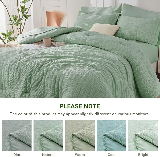 HYMOKEGE Sage Green California King Comforter Set Seersucker 7 Pieces, All Season Luxury Bed in a Bag for Bedroom, Bedding Set with Comforters, Sheets, Pillowcases & Shams