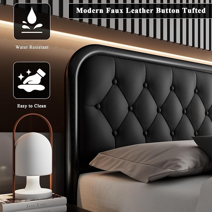 Feonase King Size Bed Frame, Upholstered Bed Frame with Faux Leather Headboard, Heavy Duty Platform Bed with Strong Metal Slats, 12 Inch Under-Bed Storage, Noise-Free, Easy Assembly, Black