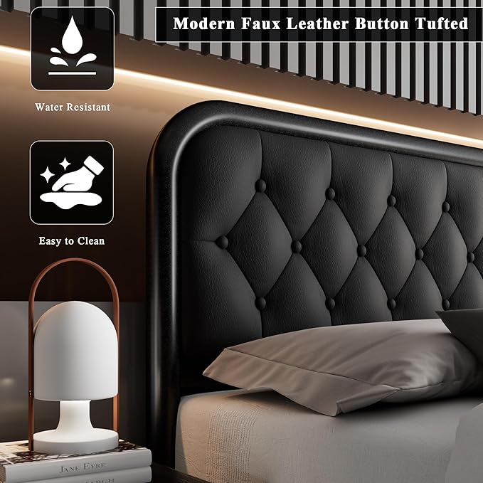 Feonase Full Size Bed Frame, Heavy Duty Bed Frame with Faux Leather Headboard, Upholstered Platform Bed with Strong Metal Slats, 12" Under-Bed Storage, Noise-Free, Easy Assembly, Black
