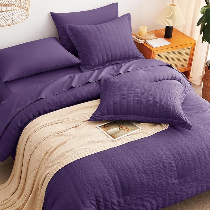 CozyLux Full Size Comforter Sets with Sheets 7 Pieces, Purple Seersucker Bed in a Bag Textured Luxury Soft Bedding Sets with Down Alternative Comforter, Sheets, Pillowcases & Shams for All Seasons