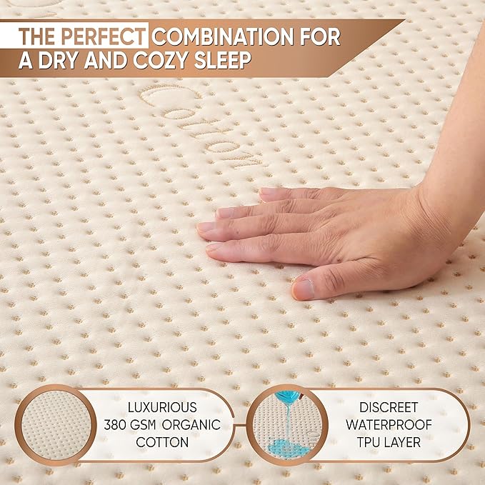 Luxury Waterproof Organic Mattress Protector Queen Size - Organic Cotton Breathable Mattress Pad Cover - Premium 380 GSM 3D Air Fabric - Deep Pocket - Jersey Cotton Skirt - Fitted Design