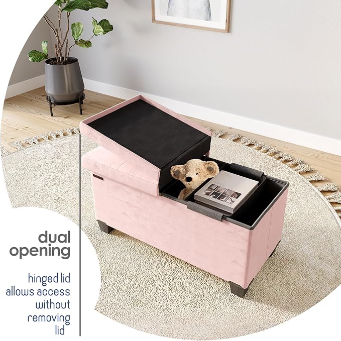 Storage Ottoman Bench with Bins, 30-in Storage Bench for Bedroom End of Bed, Folding Foot Rest Ottoman for Living Room Max 660lbs, Velvet Ottomans, Pink