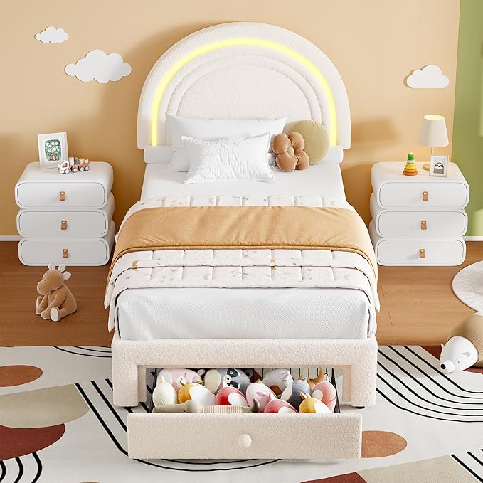 GarveeHome Twin Upholstered LED Bed Frame - with Storage Drawer and Rainbow Headboard, Berber Fleece Princess Platform Bed for Kids, Solid Wood Slat Support, No Box Spring Needed, Easy Assembly, Beige
