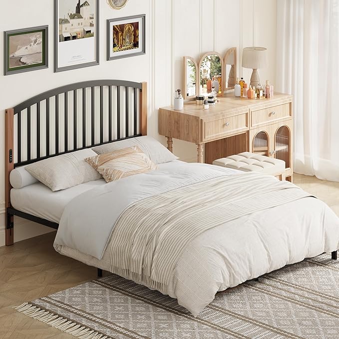 Weehom Headboard Queen Size with LED Light, USB & Type C Port and Touch & Remote Control, Adjustable Height Queen headboard only, Metal Bed Headboard with Vintage Cherry Wood Grain Legs