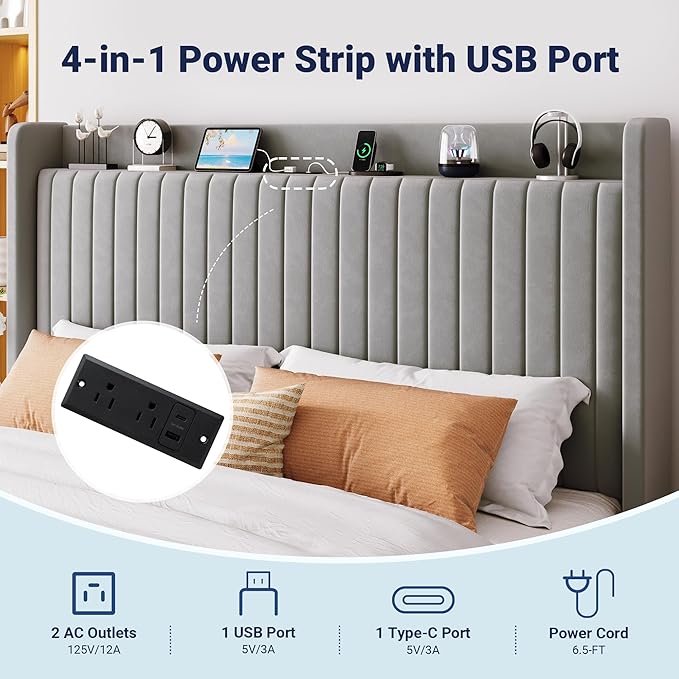 Allewie King Size Lift Up Storage Bed Frame,Storage Shelf Headboard with Charging Station,Type-C and USB Ports,Hydraulic Support,Velvet Upholstered Bed Frame,No Box Spring Needed,Grey