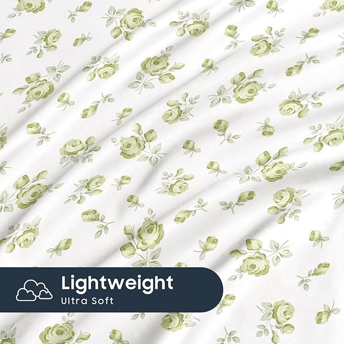 Wake In Cloud - Coquette Duvet Cover Set, Floral Cottagecore Flower Shabby Chic Cute Aesthetic, Soft Lightweight Bedding for Women Teen Girls, 3-Piece, White Green, Twin/Twin XL Size