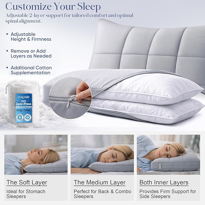 Cooling Adjustable Pillow for Side Sleepers, Silver Infused Bed Pillow, Cool Soft Firm Pillow for Hot Sleepers, Back & Stomach Sleepers, Self-Cleaning Technology for 3X Freshness Sleep, Grey
