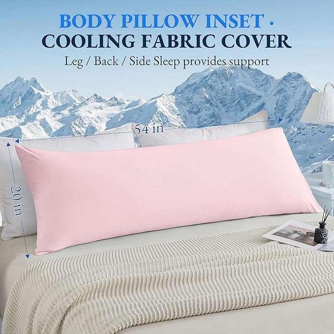 ELNIDO QUEEN Cooling Body Pillow Insert with Cover – Breathable Long Body Pillow for Side Sleepers, Soft Support Bed Pillow for Adults, 20x54 Inches Pink