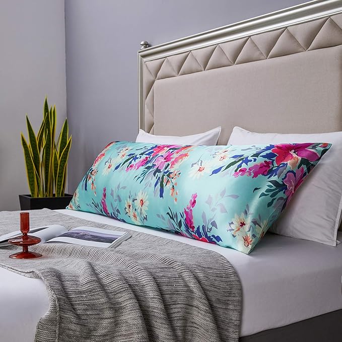 MR&HM Satin Body Pillow Cover, Soft and Breathable Body Pillow Case with Envelope Closure, Cooling and Silky Long Pillowcase for Hair and Skin,Grey (20x54, Vintage Floral)