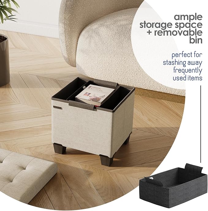 Storage Ottoman Cube with Small Bin, 15-in Square Ottoman with Storage for Living Room and Bedroom, Small Ottomans Foot Rest, Fabric Foot Stools Ottomans Max 330lbs, Beige