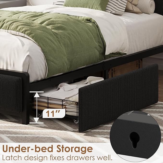 GAOMON Twin Size Bed Frame with 2 Storage Drawers and Charging Station, Rustic Velvet Upholstered Platform Bedframe with Storage Headboard, No Box Spring Needed, Easy Assembly, Noise Free, Black