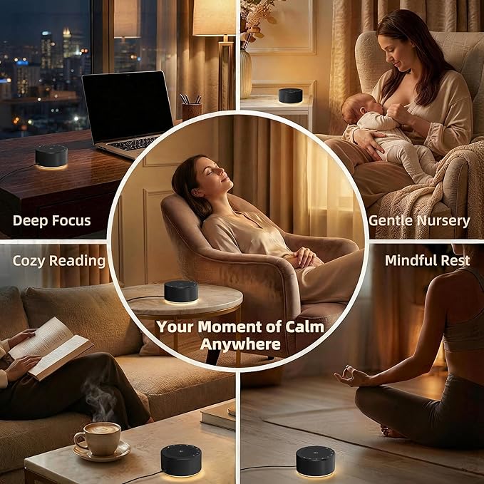 Kipcush White Noise Machine - Soft Non-Glare Nursery Lamp, 30 Soothing Sounds, 8 Color Lights, Max 8-Hour Timer for Baby & Adults (Black, Standard)