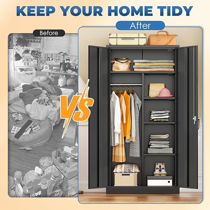 INTERGREAT Wardrobe Cabinets with Locking Doors and Shelves, Clothing Locker 72“ X 36“ X 18“ Storage Cabinets for Home Room, School, Employee,Gym (Black)