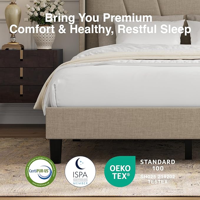 Novilla Queen Size Bed Frame, Queen Bed Frame with Headboard, Linen Upholstered Wing Side Headboard, No Box Spring Needed, Heavy Duty Feet, Easy Assembly, Beige