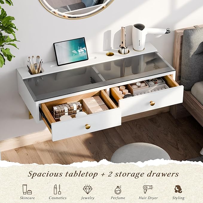 IEO 31.5" Floating Makeup Vanity Table Wall-Mounted Dressing Table with 2 Drawers Floating Desk Glass Top Wall for Small Space Bedroom,Warm White