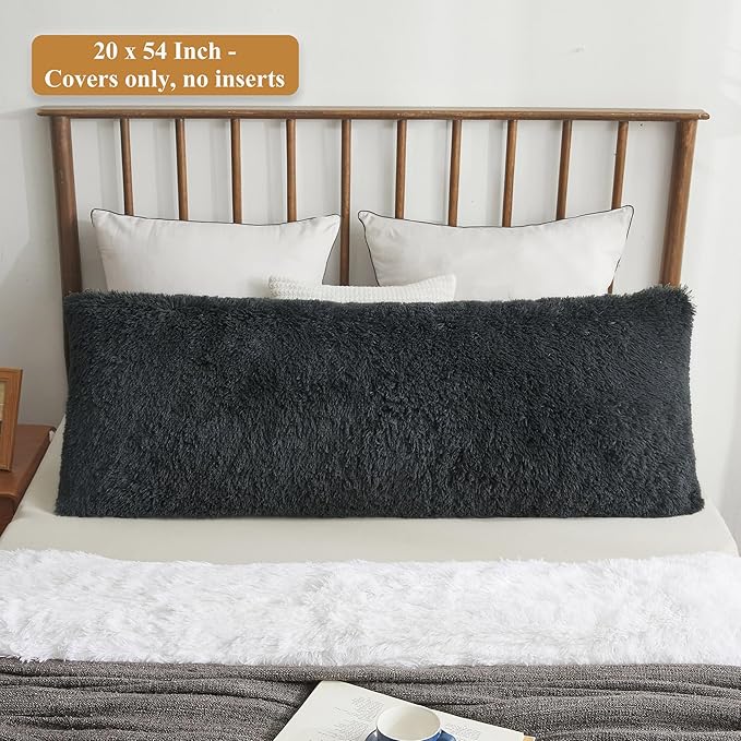 XeGe Luxury Shaggy Faux Fur Body Pillow Cover, Fluffy Bed Pillow Case with Zipper Closure, Soft Decorative Plush Long Pillow Sham, Fuzzy Hug Pillow for Home Bedroom Pregnant Women 20"x54" Dark Gray