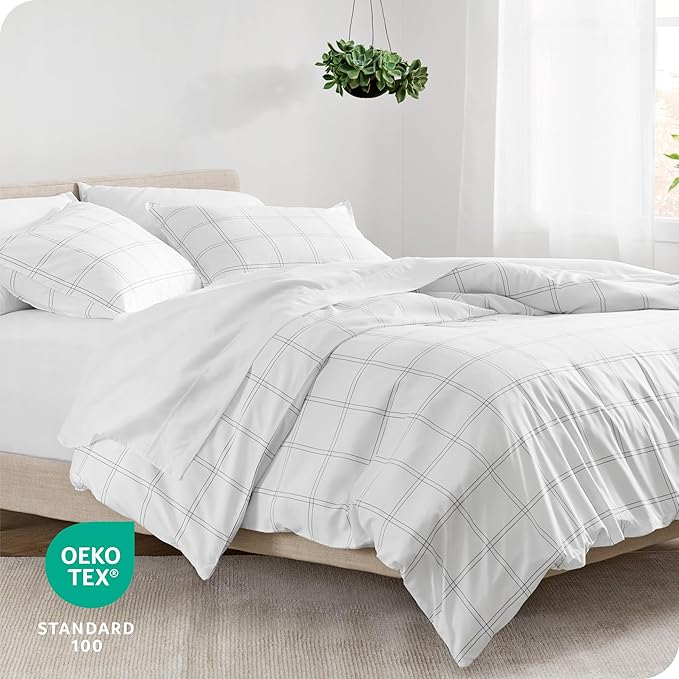 Bare Home Bedding Duvet Cover King Size - Premium 1800 Super Soft Collection - Lightweight, Cooling - Soft Breathable Bedding Duvet Cover (King, Modern Plaid - White/Grey)