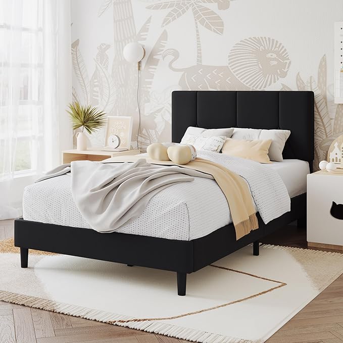 Twin Bed Frame, Padded Platform Bed Frame with Velvet Headboard, Vertical Quilted Design, Sturdy Slatted Mattress Base, No Spring Mattress Required, Easy to Assemble, Black