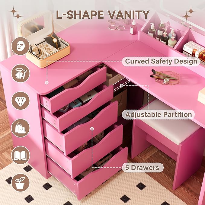 Furmax Vanity Desk with Mirror, L Shape Vanity, LED Lighted Mirror, with Power Outlet and 3 Storage Shelves, Makeup Table with 5 Drawers, 3 Color Modes, for Bedroom(Pink)