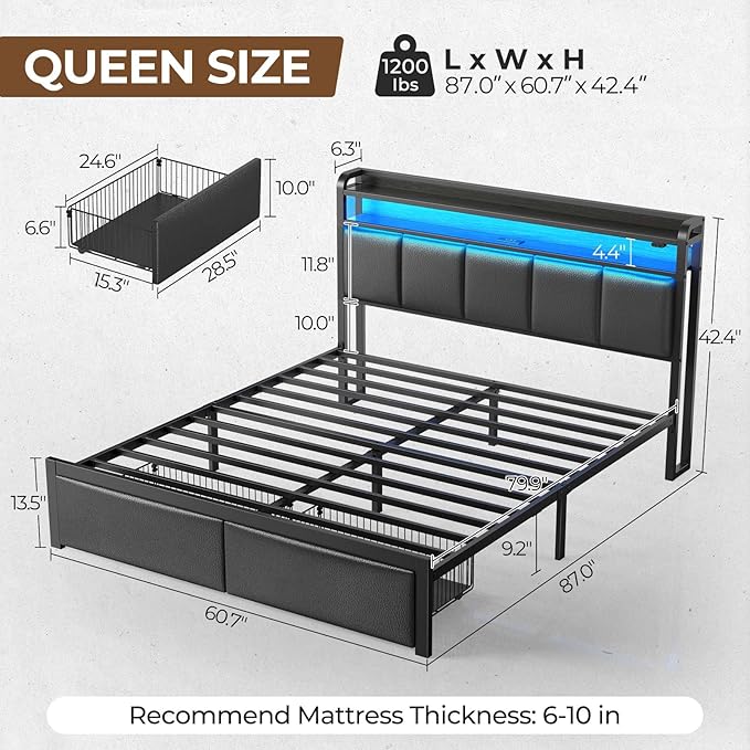 Rolanstar Bed Frame Queen Size with Charging Station and LED Lights, Upholstered Headboard with Storage Shelves, Heavy Duty Metal Slats, No Box Spring Need, Noise Free, Easy Assembly, Black