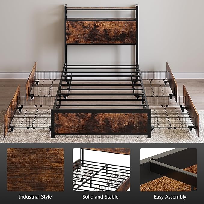 VINGLI Bed Frame Twin Size with 4 Storage Drawers and Storage Headboard, Metal Platform with Charging Station and LED Lights, No Box Spring Needed, Easy Assembly, Vintage Brown