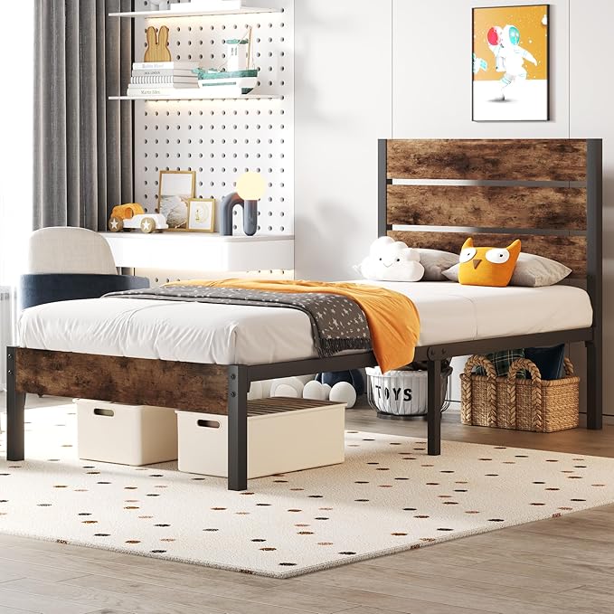 Fluest Twin Bed Frame with Headboard and Footboard, Metal Twin Bed Frame with Under Bed Storage, All-Metal Support System, No Box Spring Needed, Easy Assembly,Rustic Brown