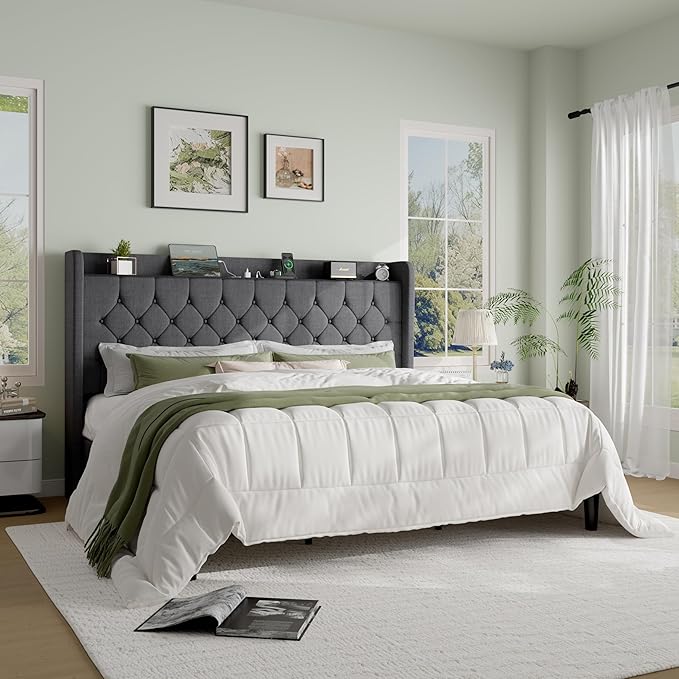 SHA CERLIN King Size Platform Bed Frame with Charging Station, Linen Wingback Headboard with Storage Shelf, Wooden Slats Support, Ample Under-Bed Space, No Box Spring Needed, Easy Assembly, Dark Grey