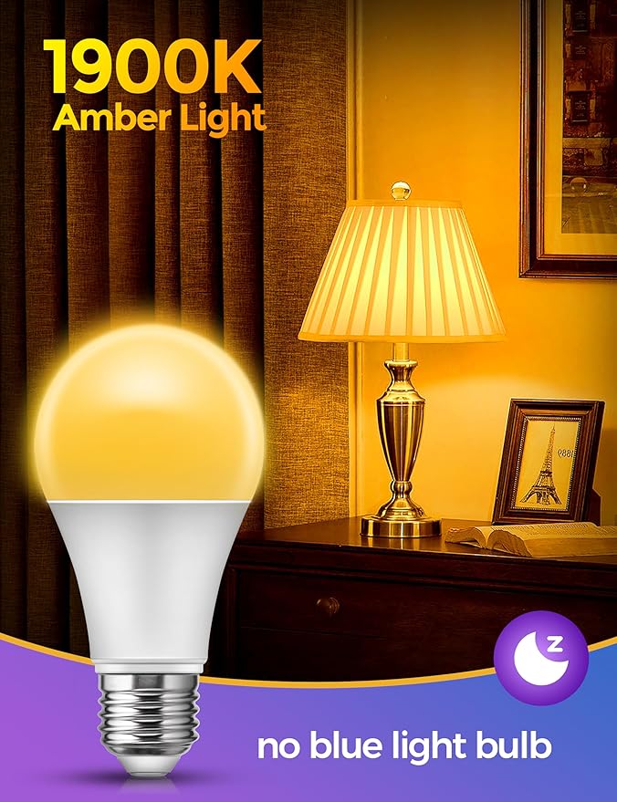 Sleep Light Bulb, Amber Light Bulbs for Sleep Therapy, Blue Light Blocking, 1900K Dim Light Bulbs 60W Equivalent, Mood Soothing Light, E26 A19 Warm Light Bulbs for Bedroom, Nursery, 2 Pack
