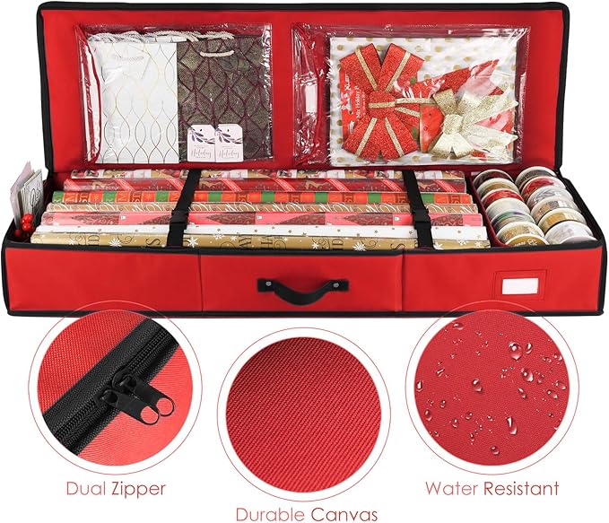 Hearth & Harbor Wrapping Paper Storage Container - Christmas Storage Bag with Interior Pockets - Gift Wrap Organizer Fits Up to 22 Rolls of 40" - Tear Proof, Red