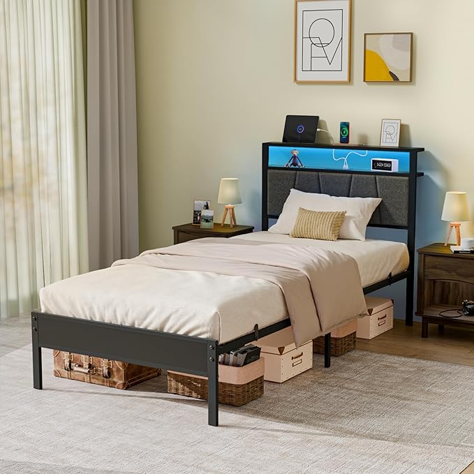 Z-hom Storage Headboard with Charging Station Twin Bed Frame, LED Bed with Upholstered Headboard and Footboard, Metal Platform Bed with 2-Tier Shelves, Easy Assembly, No Box Spring Needed, Noise Free
