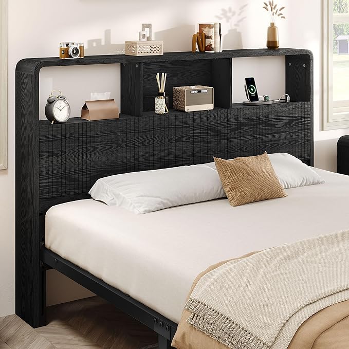 Headboard Queen Size with Storage, 63" Wide Wooden Queen Headboard Only, Modern Farmhouse Head Board with Outlets & USB Ports, Wall Mounted Headboards with Color-Changing LED, Black