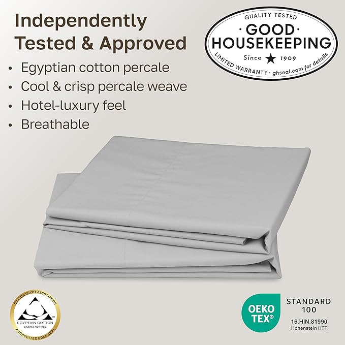 California Design Den 100% Egyptian Cotton Pillowcases King Size Set of 2 - Crisp Percale Feel, Soft & Breathable Bed Pillow Cases - Light Grey