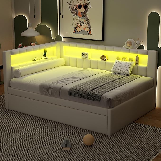 Merax Modern Upholstered Platform Bed Frame with USB Ports & Trundle Bed, Floor Sofa Day Bed with Storage Headboard, No Box Spring Needed/Easy Assemble/Full,White