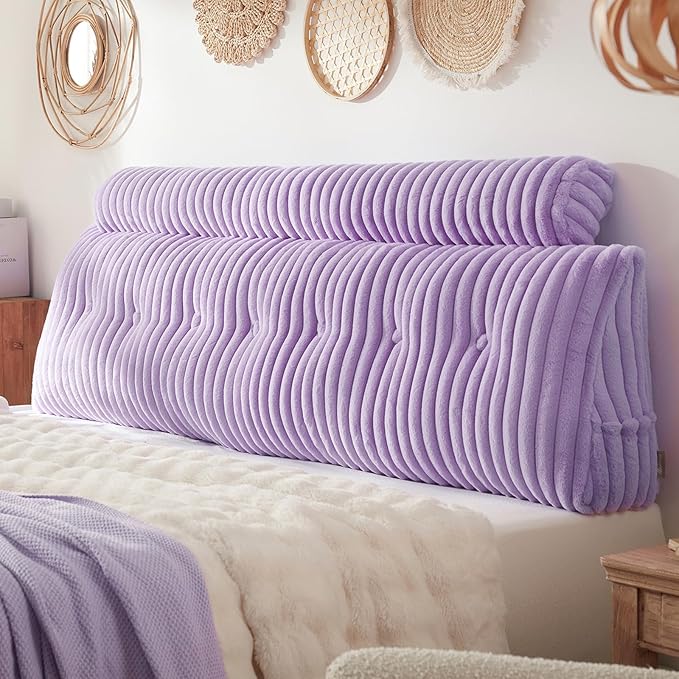Headboard Pillow + A Long Neck Roll Pillow Body Pillow，Faux Fur Headboard Wedge Pillow with Removable Cover (Purple, King：76x8x20 inches)