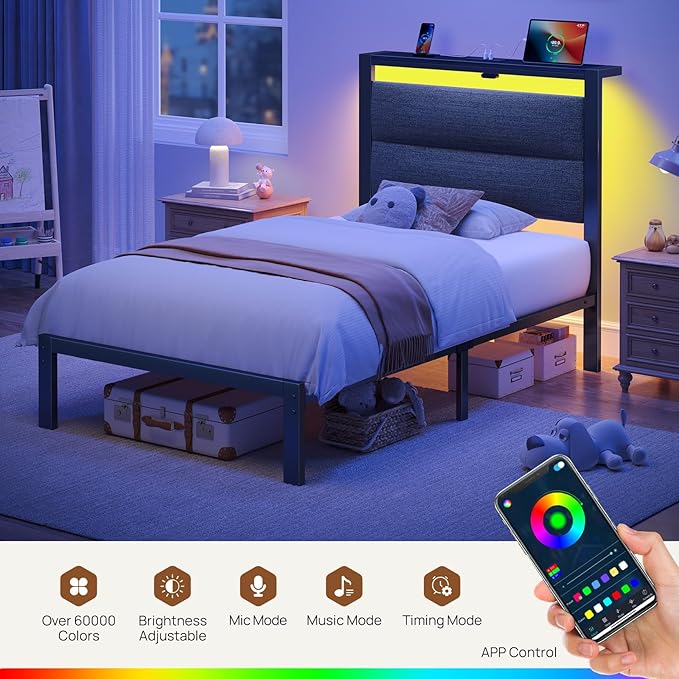 Rolanstar Bed Frame Twin Size with Charging Station, LED Twin Bed Frame with Upholstered Storage Headboard, Platform Bed with Metal Slats & Under Bed Storage, No Box Spring Needed, Noise Free, Grey