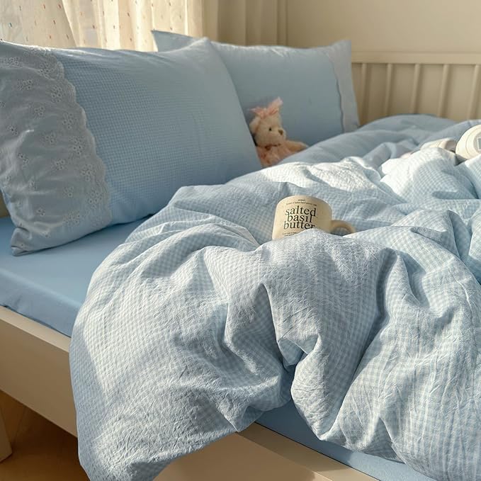 mixinni Blue Gingham Duvet Cover King Size - 3 Piece Cottagecore Plaid Bedding Set with Lace Trim, Soft Washed Microfiber Vintage Aesthetic Grid Comforter Cover & Pillow Shams, (Blue White Gingham)