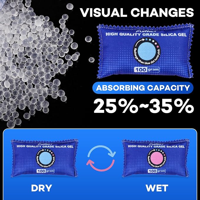 FURWEY 100g [ 24 Packs] Rechargeable Desiccant Packs for Storage, Color Indicating Silica Gel Desiccant Packets, Moisture absorbers for Storage,Dehumidifier bag for Closets,Cars,Storage Bins