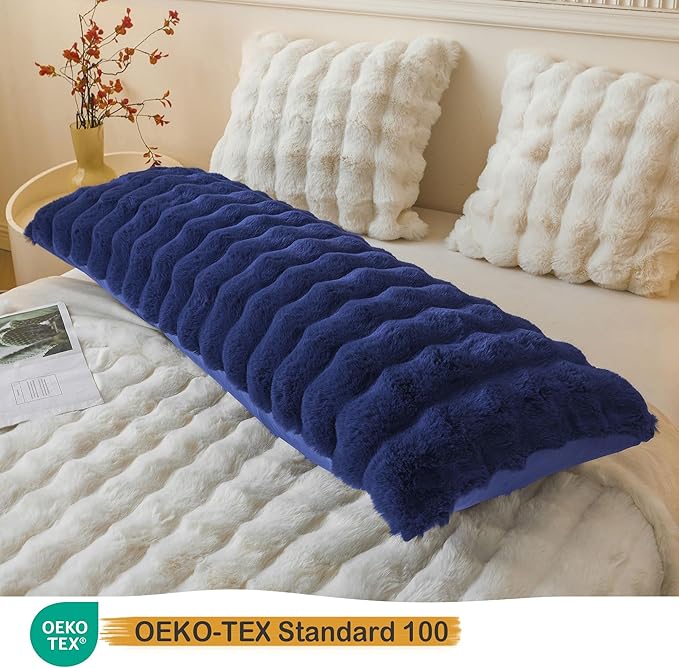 LIFEREVO Fluffy Faux Rabbit Fur Body Pillow Cover, Luxury Bubble Waffle Shaggy Plush Bed Pillowcase with Zipper Closure, Royal Long 20"x54" Fuzzy Furry Pillow Case for Adults Kids Girls, Navy Blue