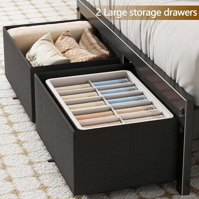Furnulem Twin Bed Frame with 2 Storage Drawers & Charging Station, Twin Platform Bed Frame with Headboard & LED Lights, No Box Spring Needed, All in One, Easy to Install, Noise Free (500 lbs Capacity)