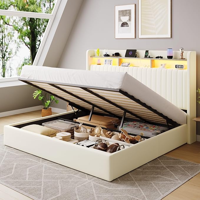SHA CERLIN King Size Lift Up Storage Bed Frame/LED Lights/Charging Station/2-Tier Shelves Headboard/USB,Type-C Ports/Velvet Upholstered/Hydraulic Support/No Box Spring Needed/Noise Free/Cream
