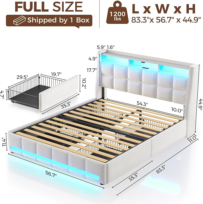 Rolanstar Full Size Bed Frame with LED Lights and Charging Station, Upholstered Bed Storage Headboard & Drawers, Heavy Duty Wood Slats, Easy Assembly, White