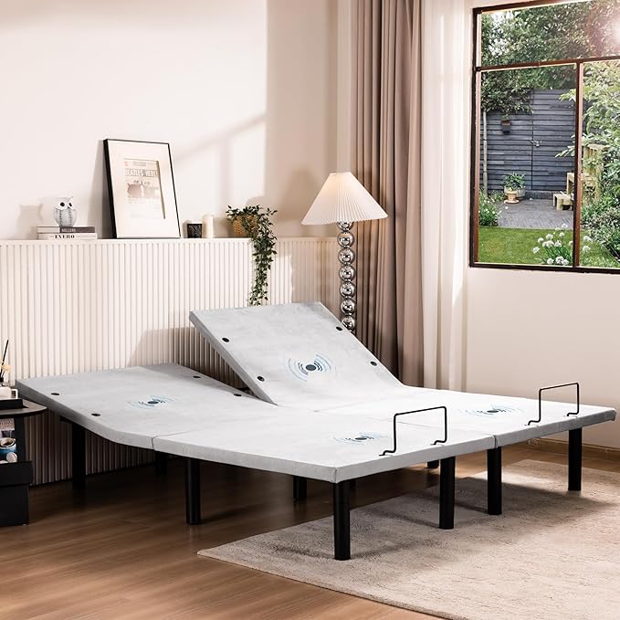 Fromann Adjustable Electric Split King Bed Base Frame with Massage, USB Type-C Ports, Zero Gravity, Under Bed Led Lighting and Three Leg Height (Grey)